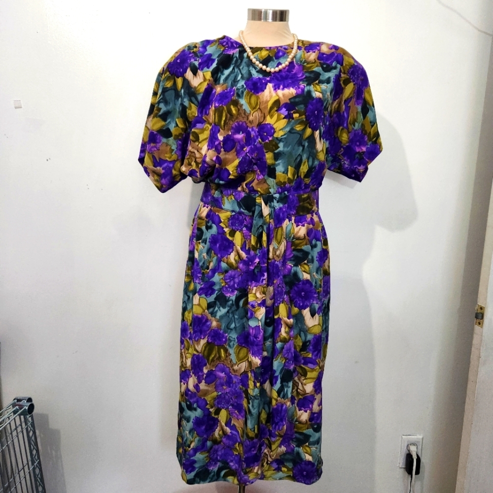 Vintage Silk Maggy London By Jeannene Booher Dress Size 14 Floral Belt Shldr Pad